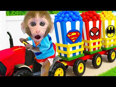 Cute Bon Bon the Monkey Finds Giant Superhero Popcorn and Drives a Red Tractor!