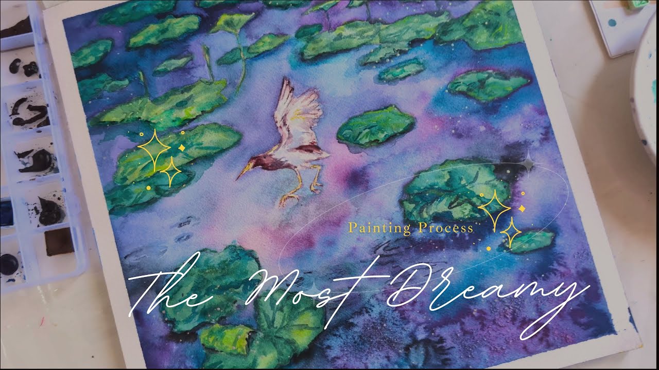 The Most Dreamy Lotus Pond Painting I have Painted so Far - Bird and Lotus Pond 