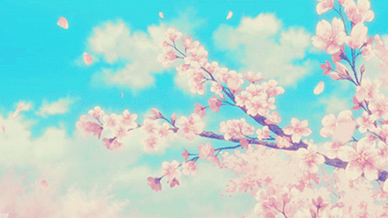 Download Anime Cherry Blossom Green Mountains Background  Wallpaperscom