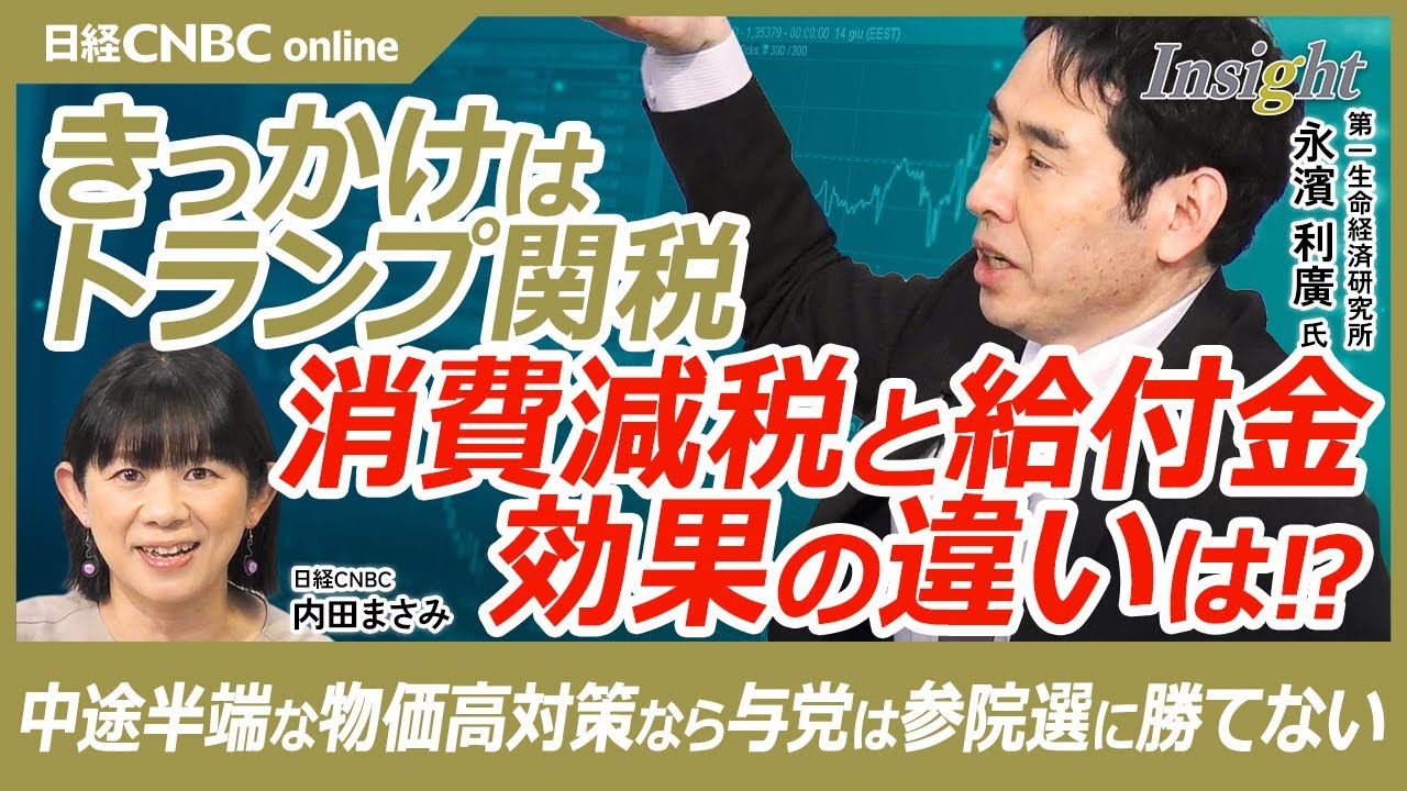 【消費減税と給付金、効果の違いと財源を解説│永濱利廣氏】トランプ関税機に物価高対策に批判／財政改善はインフレ…家計は苦しい、円安も要因／野党・立民や維新は食料品の非課税化案／与党・自民石破首相の判断は