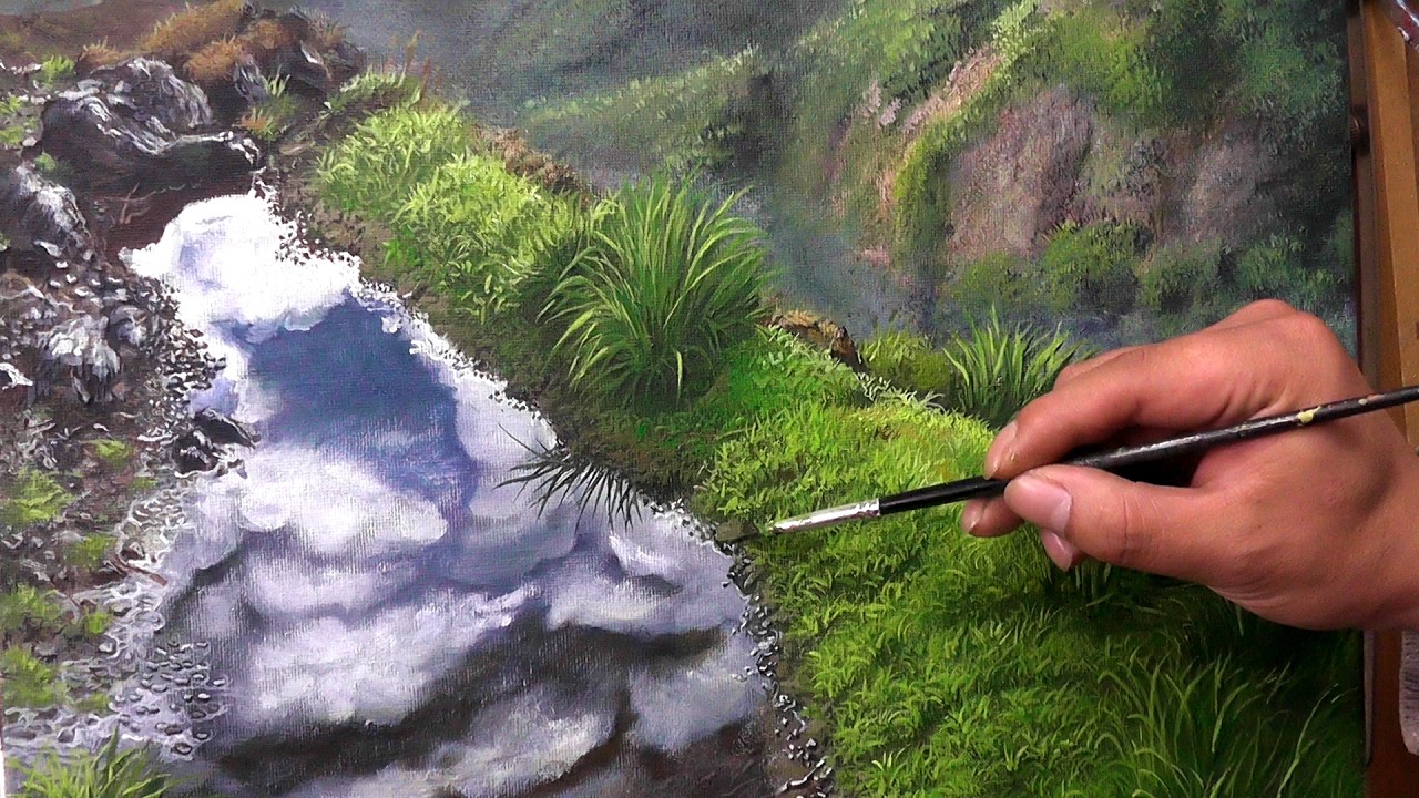 山体上描绘水洼效果，丙烯漆料。#015