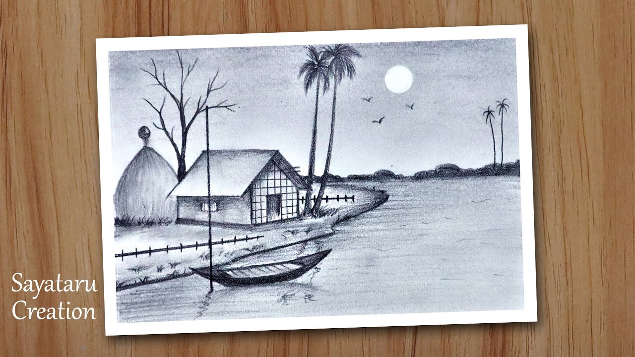 Village scenery drawing with pencil, Pencil Drawing for beginners YouTube