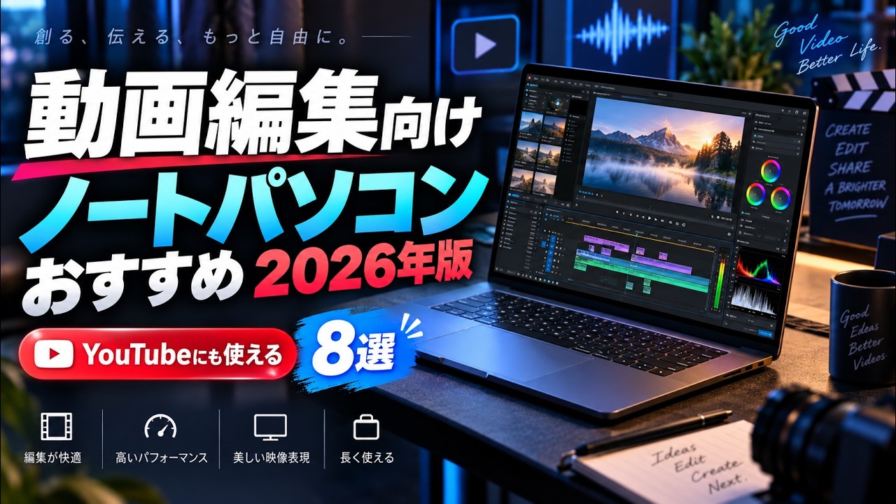動画編集向けノートパソコンおすすめ2026年版、3分位内でサクッと紹介