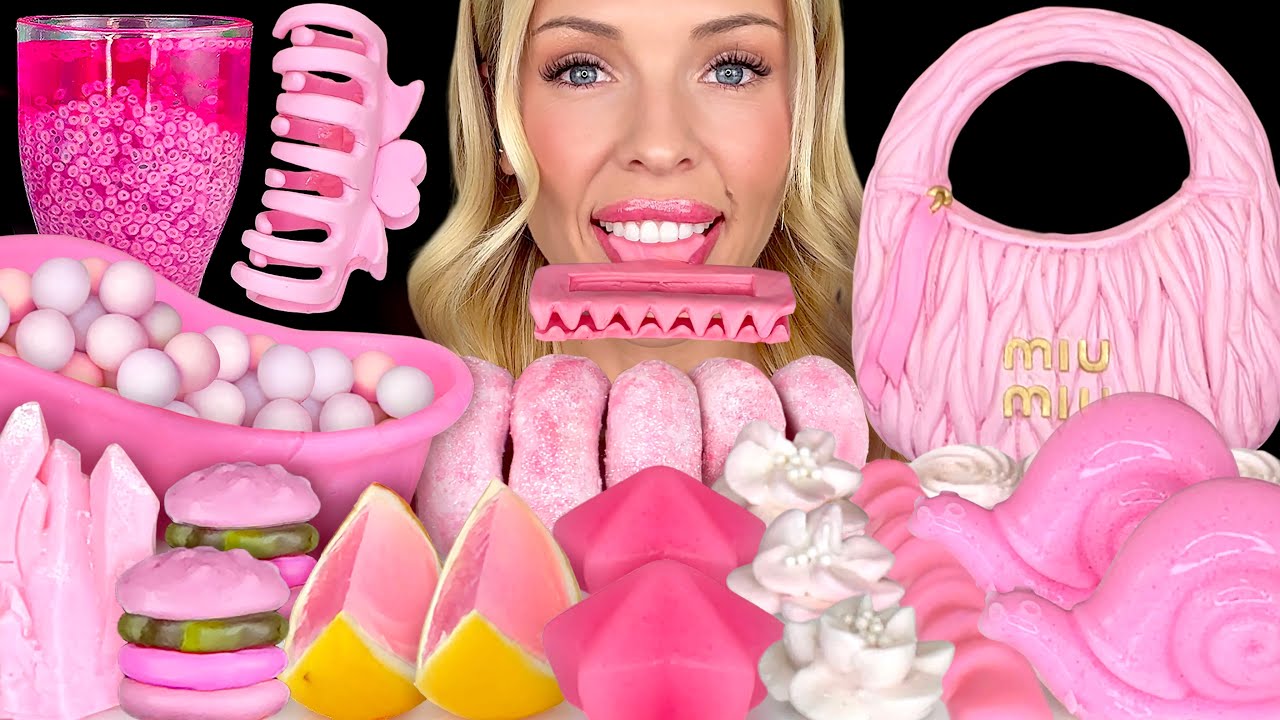 ASMR MUKBANG, Pink Desserts, Edible Miu Miu Purse, Claw Clip, Grapefruit Soda, Candy Jelly Slice 먹방