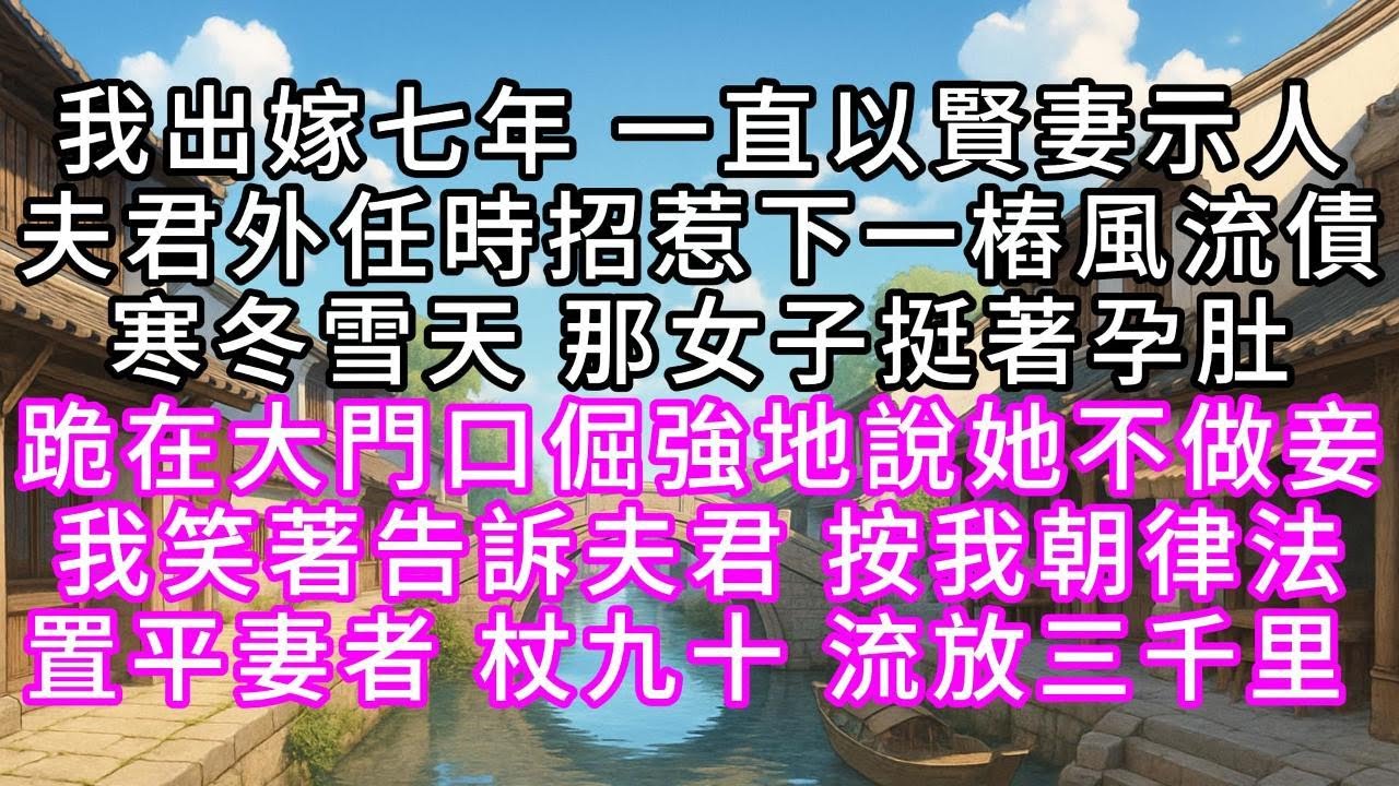 我出嫁七年，一直以賢妻示人，夫君外任時招惹下一樁風流債，寒冬雪天，那女子挺著孕肚跪在大門口，倔強地說她不做妾，我笑著告訴夫君，按我朝律法，置平妻者，杖九十，流放三千里 #幸福人生 #為人處事 #生活