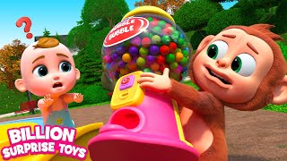The kids’ huge gumball machine is stolen by the naughty monkey. Squirrel catches the thief.