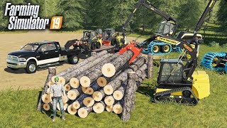 FS19- BUILDING A LOG CABIN! CUTTING DOWN TREES & STACKING LOGS | MULTIPLAYER EP #1