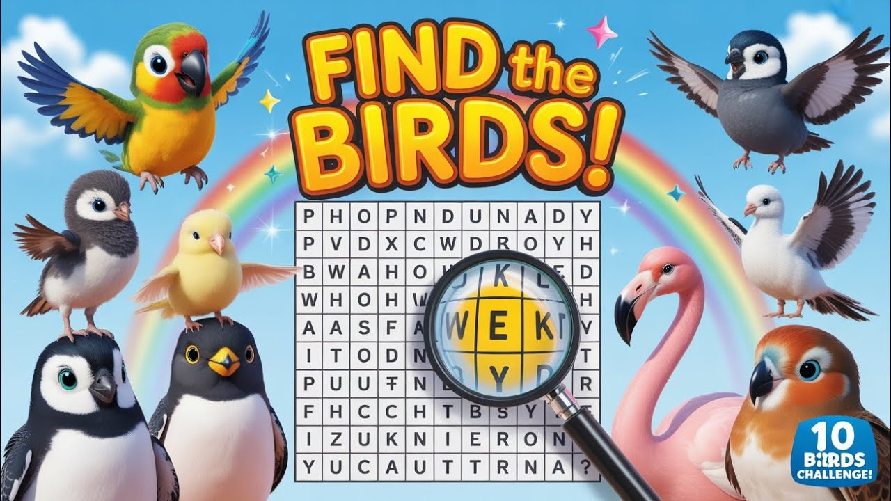 Найдите птиц! 🐦 Веселая головоломка для детей с поиском слов | Задание «Угадай 10 названий птиц»