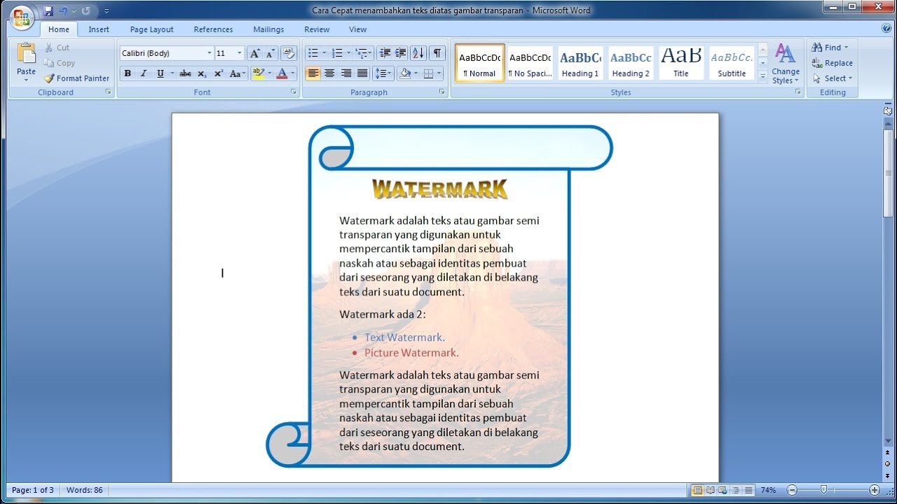 Belajar Microsoft Word 2007 Cara Cepat Menambahkan Teks Tulisan Diatas Gambar Transparan Di Word Youtube