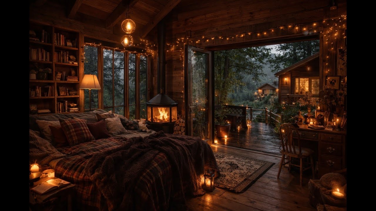 Cozy Cabin in Rainy Forest | Crackling Fireplace, Thunder & Rain Sounds with Fairy Lights 10 Hours
