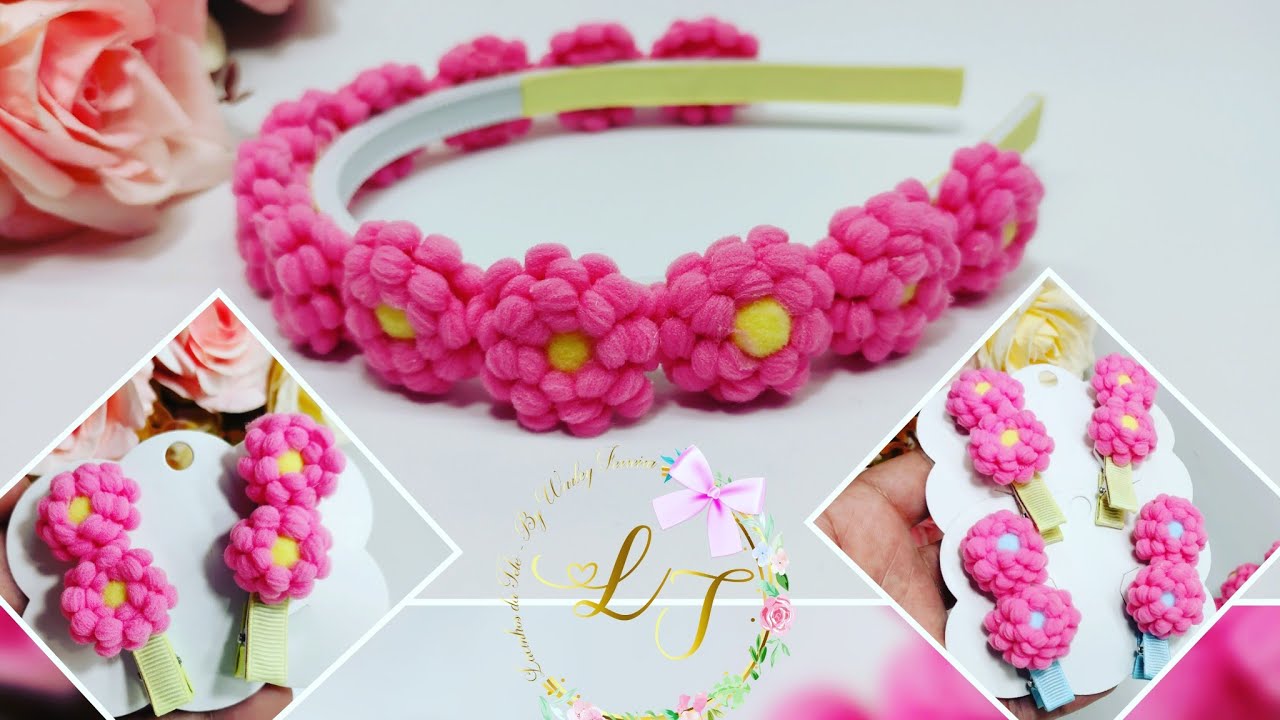 Tiara e parzinho de florzinhas de pompom. aprenda a fazer flores de fita de pompom. 