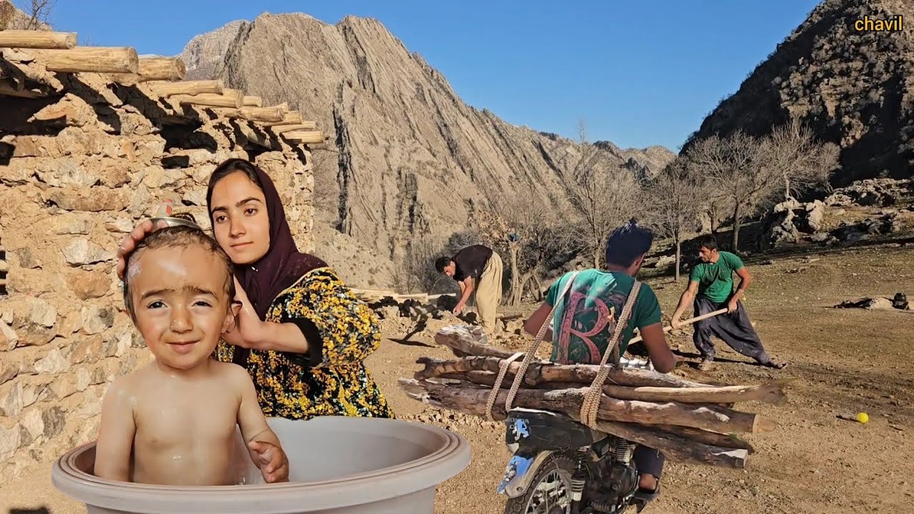 🧼⛰️Finishing the Roof Beams & Bathing Sam and Radman | chavil Family Mountain Life 🪵⛰️🧼