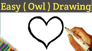 How to draw an (Owl)🦉from 'Love' sign l Draw Owl use Heart symbol l Very easy Owl drawing tutorial.