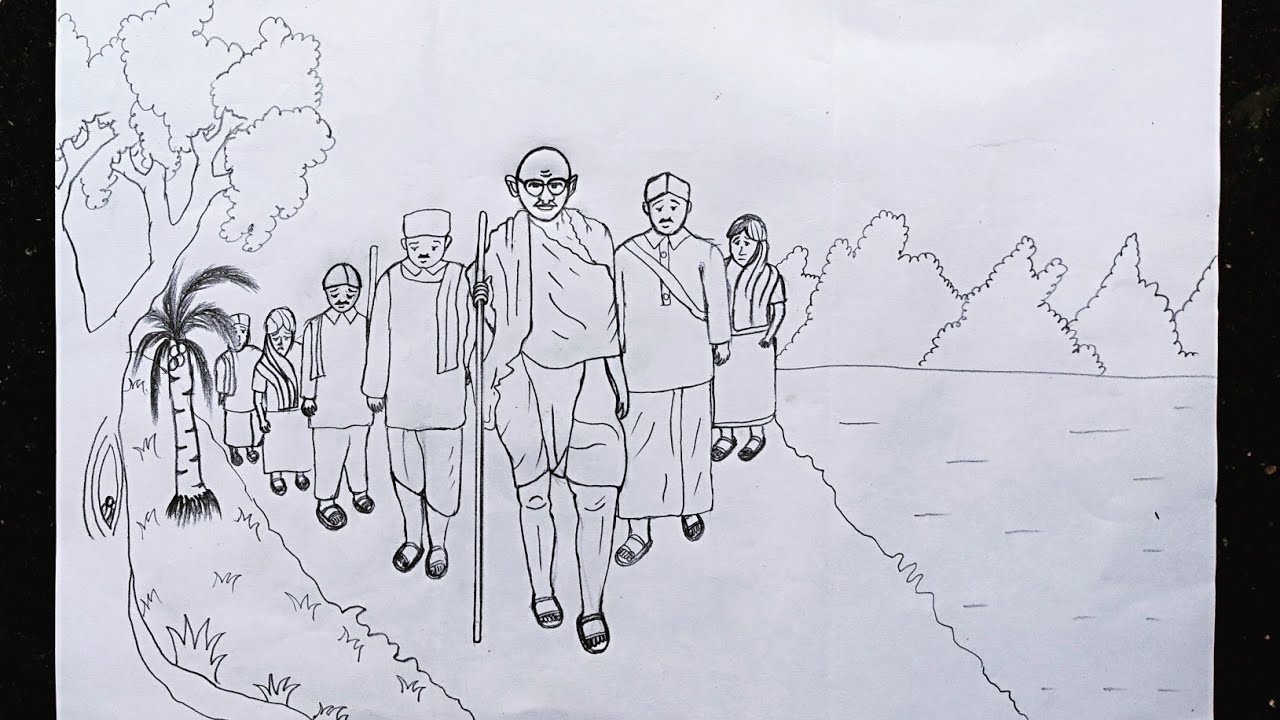 Gandhi Jayanti Drawing  Gandhi Jayanti Poster idea  Dandi March  Gandhijis Sketch Step by step  YouTube