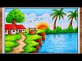 Easy Sunset Village Scenery Drawing for Beginners | How to Draw River Bank Scenery Step by Step