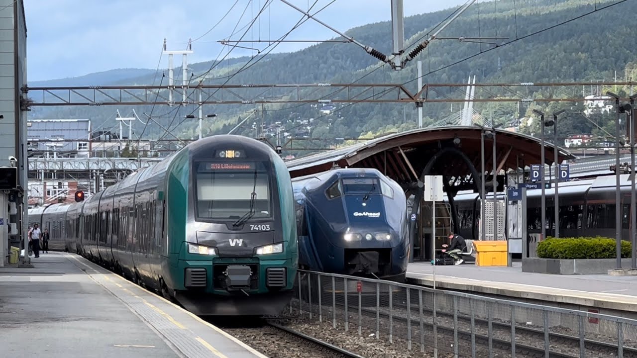 Trains at Drammen station (Vy, Flytoget, Go-Ahead Nordic, CargoNet and Northrail)