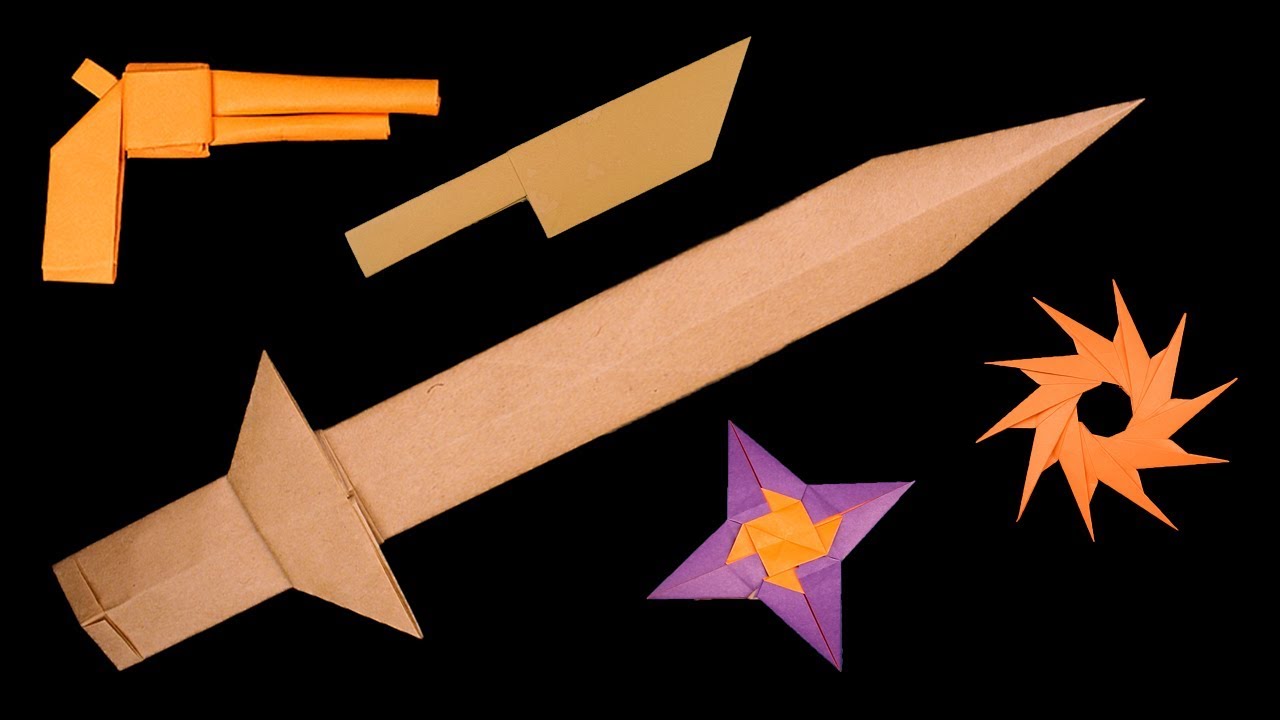 Оружие из бумаги без клея. Оригами оружие ниндзя меч. Papercraft Gun. Fang нож оригами.