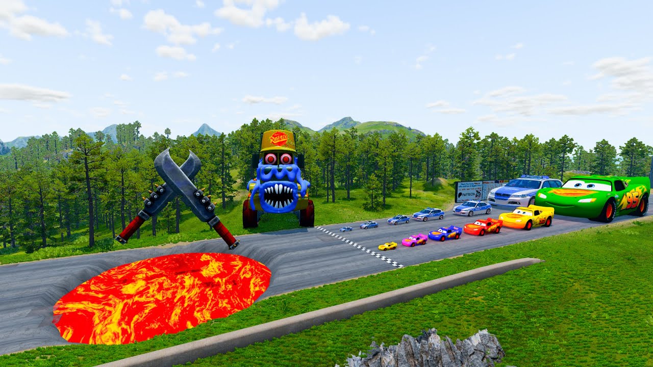 Big & Small McQueen & Police Car vs Zombie Mack, Giant Fire Pit & Speed ​​Bump Race – BeamNG.drive