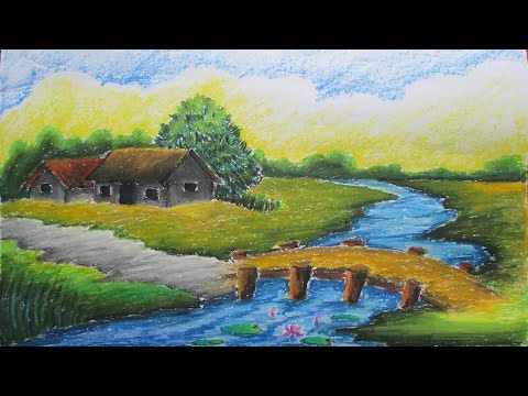 How to draw a village landscape step by step with oil pastel | Drawing T...  | Landscape drawings, Village scene drawing, Oil pastel drawings