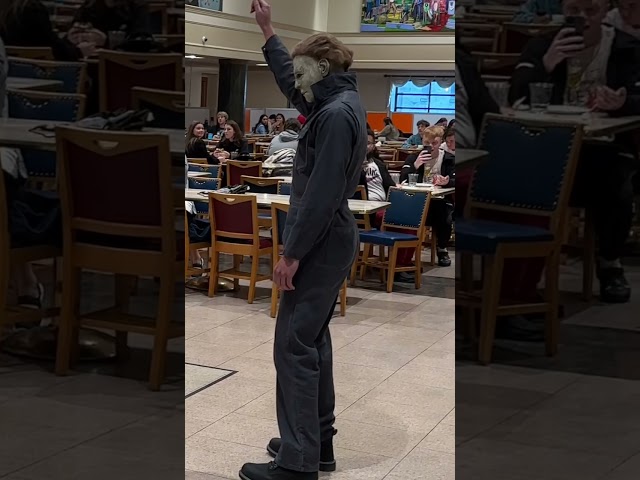 College students amazed by two in Halloween masks in food court 🎃 #piano #michaelmyers class=