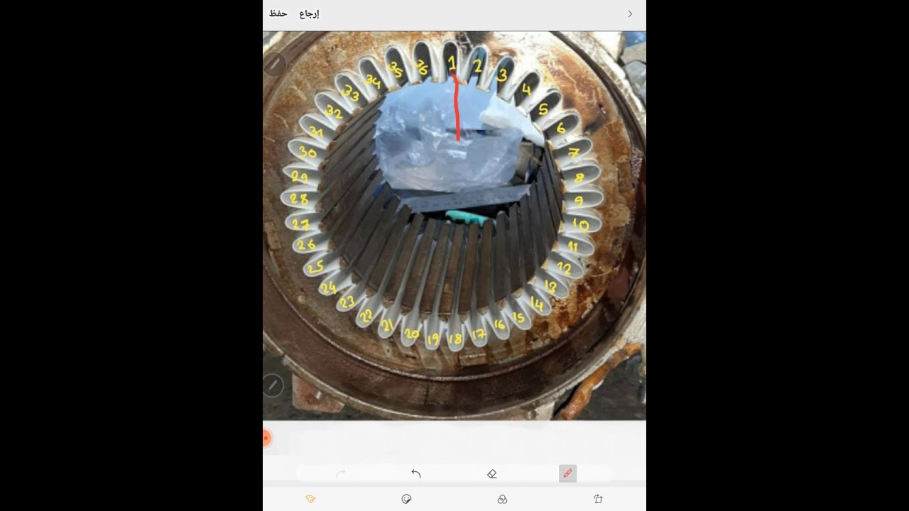 الرسم الدائري الى محرك 3 فاز 36 مجرى قطبين لف متداخل عدد المجموعات مساوي لعدد الاقطاب قناه فادي حداد