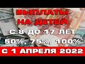 Новые пособия с 8 до 17 лет 50% 75% и 100% процентов ПМа с 1 апреля 2022