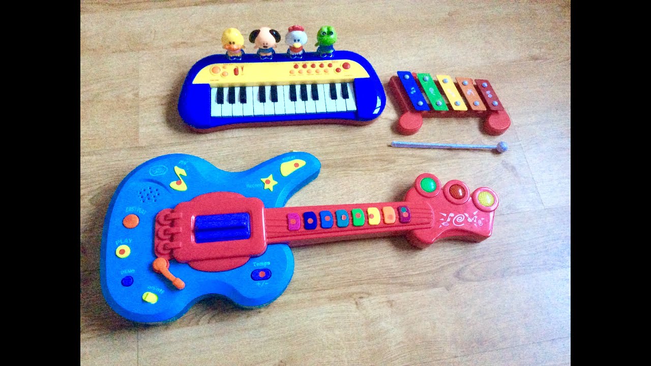 Kids Fun Learning Different Sounds Playing With Toy Xylophone, Piano