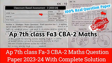 Ap 7th class fa3 maths question paper 2023-24 with answers|7th class Maths fa3 CBA-2 question paper