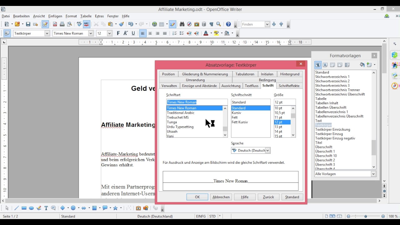 OpenOffice Absatzvorlage L schen ndern erstellen Und Formatvorlagen 