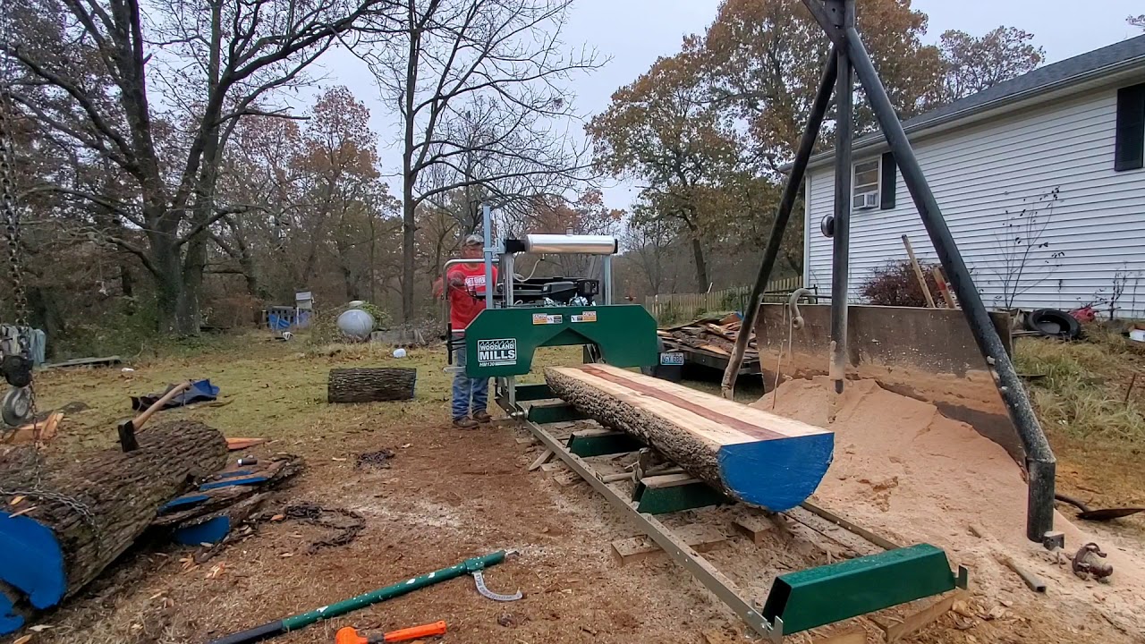 Milling a beautiful hickory log into live edge slabs.