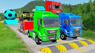 Double Flatbed Trailer Truck vs Speedbumps Train vs Cars | Tractor vs Train Beamng.Drive 050