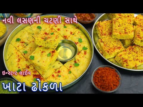 આથા વગર બનાવો ખાટ્ટા લાઇવ ઢોકળા સાથે લસણની ચટણી | Khatta Dhokla | Instant Live Dhokla | dhokla