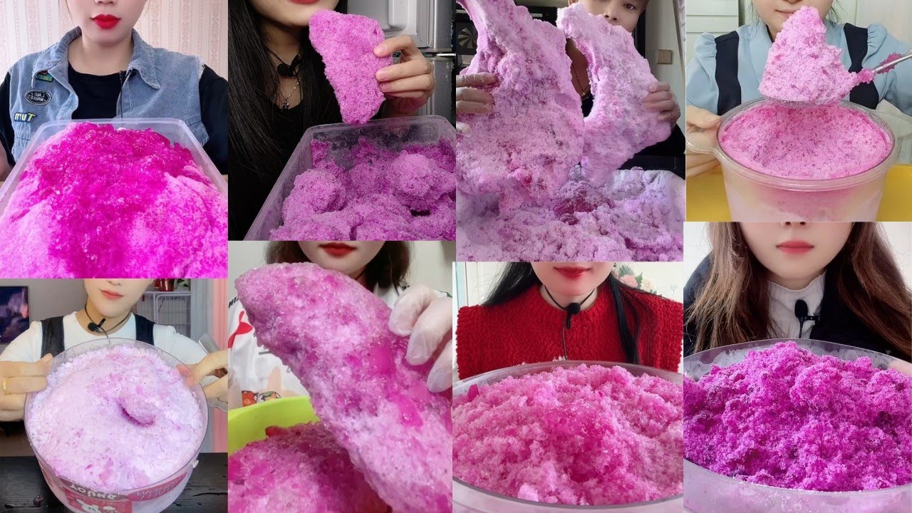 ONLY BITES🔷PINK FLAVOURED MIXED SOFT SQUEAKY FREEZER FROST EATING || SHAVED ICE EATING COMPILATION🧊