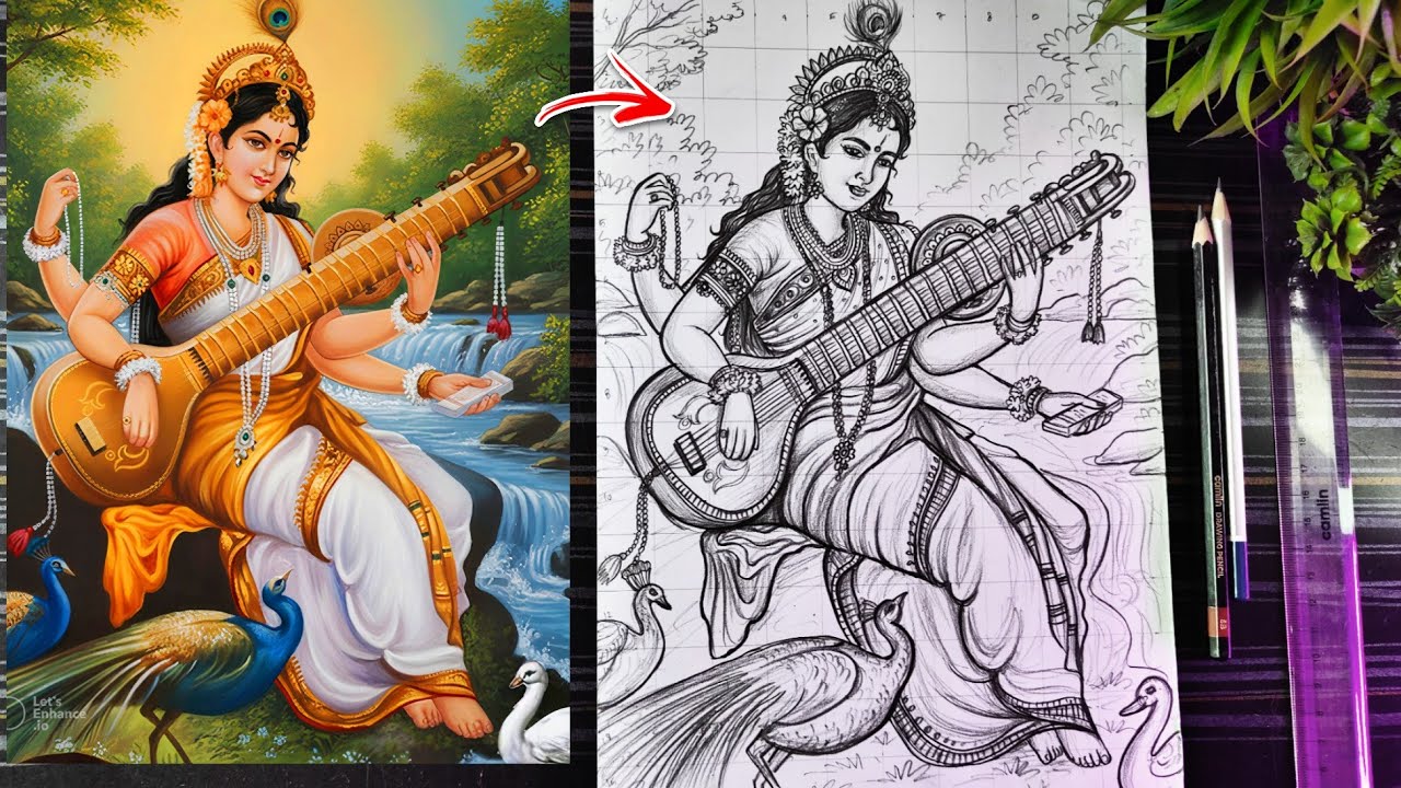 Saraswati Maa Drawing, How To Draw Saraswati Mata, Saraswati Thakur Drawing, Basant Panchami Drawing