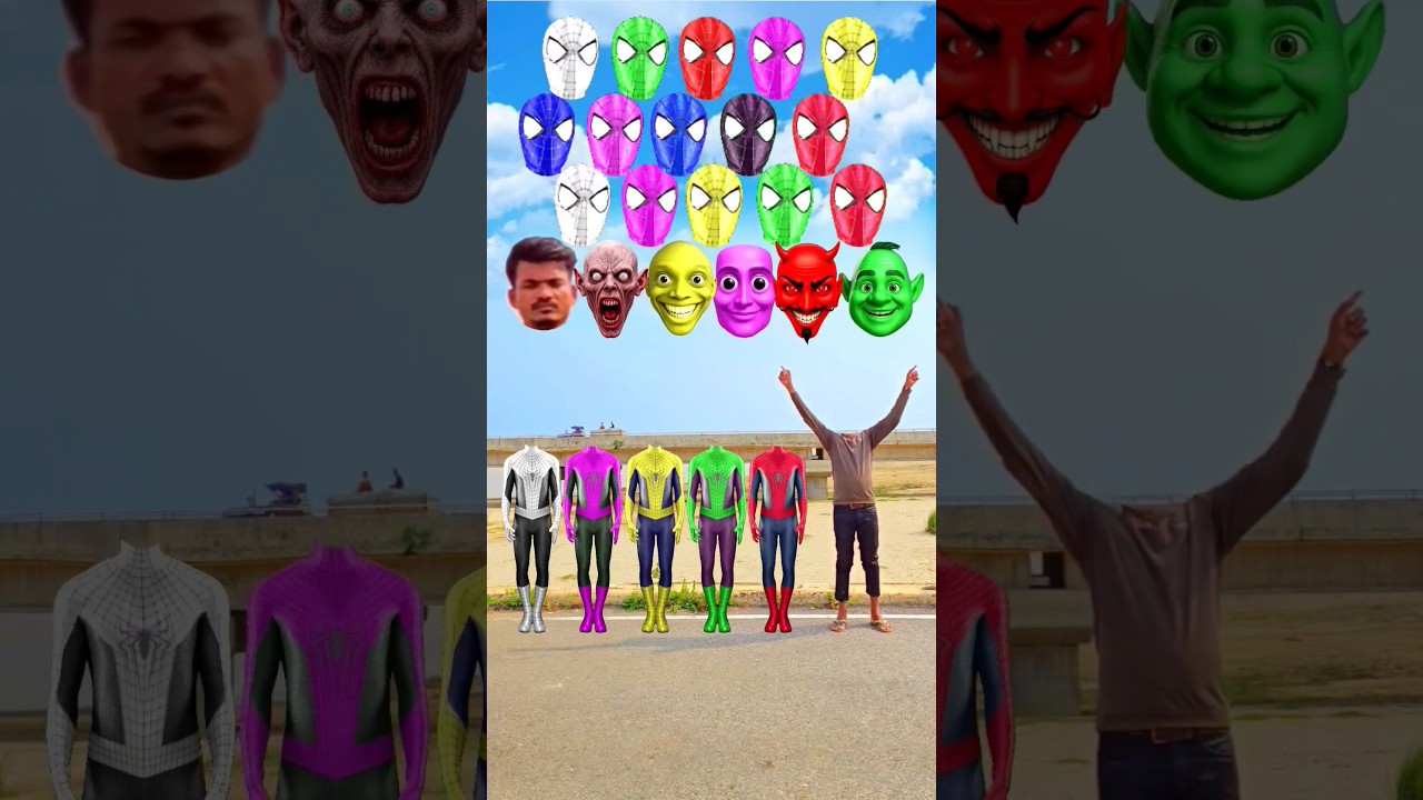 Dancing Red, Green, Yellow, Pink, White Spiderman &Me Correct head Matching Vfx 