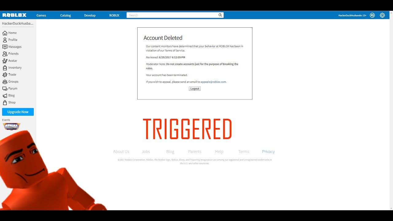 My Roblox Account Got Deleted By Hackerduckfam - roblox deleted my account