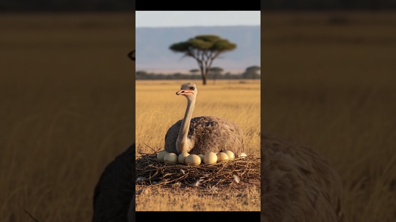 An ostrich sits carefully on its eggs in a  nest, guarding them under the warm sunlight
