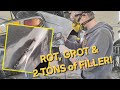 Triumph spitfiregt6 rear wingfender corner repair  removing lots of filler rot  bad welding pt1