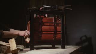 Black iron log holder and Cognac Brown portable leather log basket