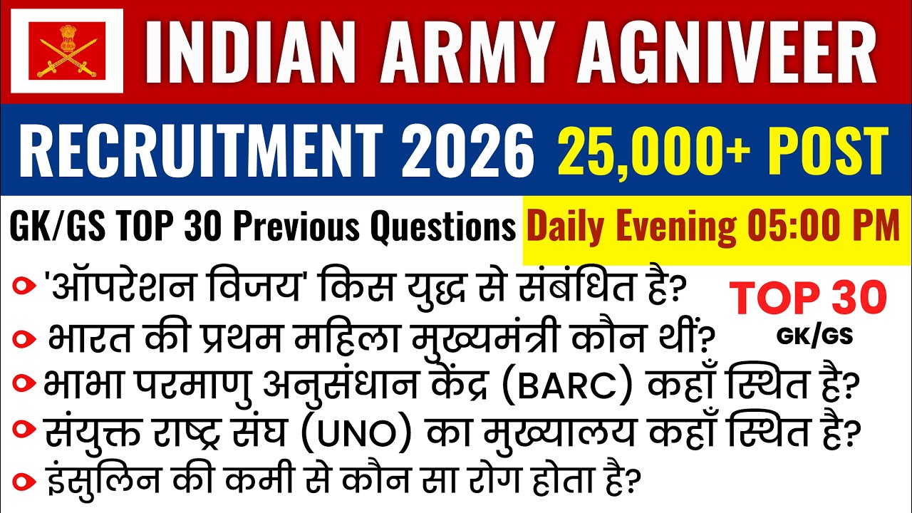 Army Agniveer 2026/Army Agniveer gk/gs previous year questions Mock Test 8 Army Agniveer batch 2026