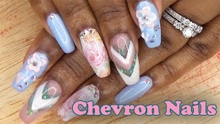 Acrylic Nails Chevron Nails with 3D Acrylic Flowers - LongHairPrettyNails