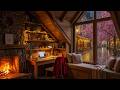 Spring Cabin Jazz Piano for Work 🌧️ Soft Jazz with Crackling Fireplace &amp; Rainy Old Town Ambience