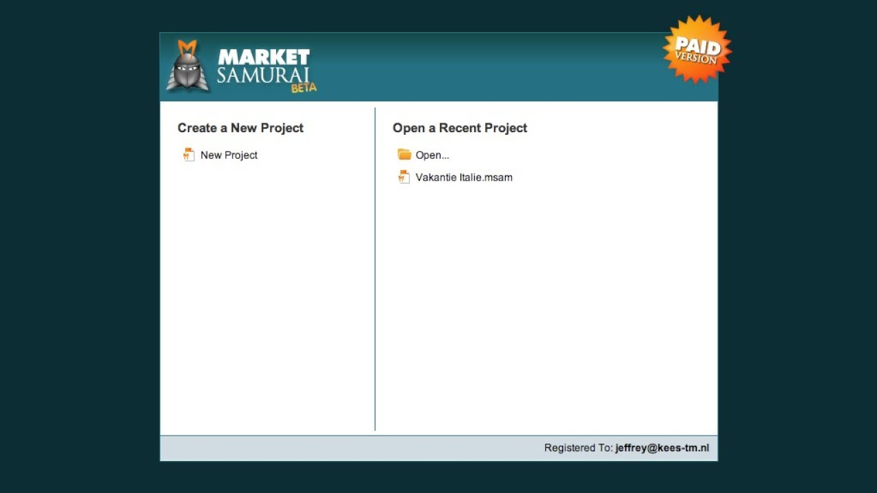 New Market Samurai nieuw project aanmaken