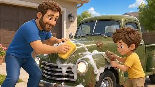 My dad’s green truck stops with a thud, covered in dirt and lots of mud/rhyme/toddler/preschool 