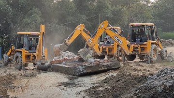 3 JCB Backhoe Machine Pushing and Throwing Out Heavy Concrete Slab - Working For Road Construction