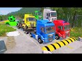 Double flatbed trailer truck vs speedbumps train vs cars  tractor vs train beamngdrive 034