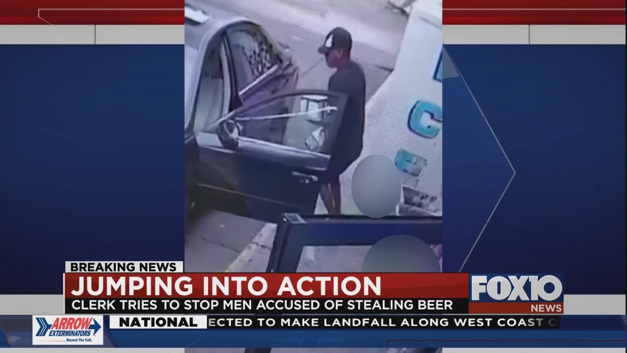 Surveillance video shows two men stealing beer from gas station - YouTube