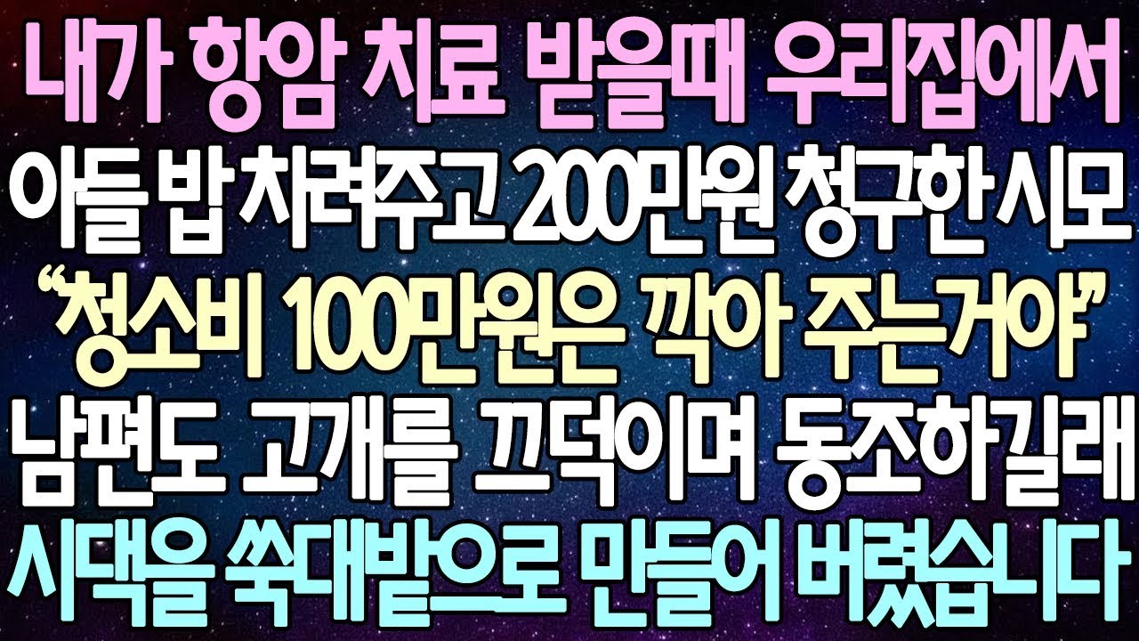 반전 사연 내가 항암 치료 받을때 우리집에서 아들 밥 차려주고 200만원 청구한 시모 남편도 고개를 끄덕이며 동조하길래 시댁을 쑥대밭으로 만들어 버렸습니다 사이다사연
