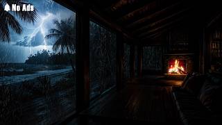 NO ADS 🌧️ Fall Asleep Fast with Seaside Porch Rain, Thunder & Crackling Fire for Sleep Tonight