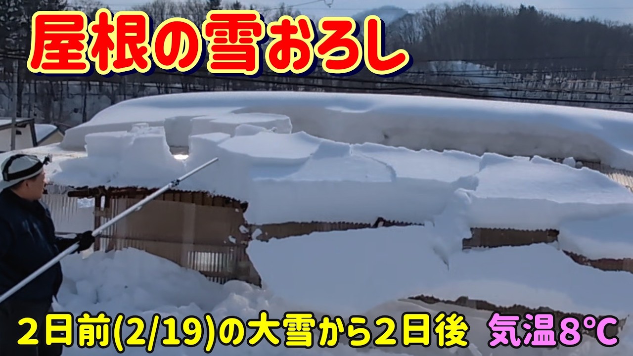 大雪のあとの屋根の雪下ろし 気温８℃ 簡単に落ちるぞ！ 20260221